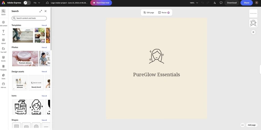 Adobe Express editor showing a PureGlow Essentials logo project with design assets panel