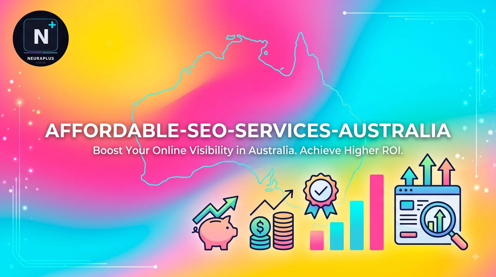 Affordable SEO Services Australia infographic showing ROI growth metrics, piggy bank savings, and search visibility icons