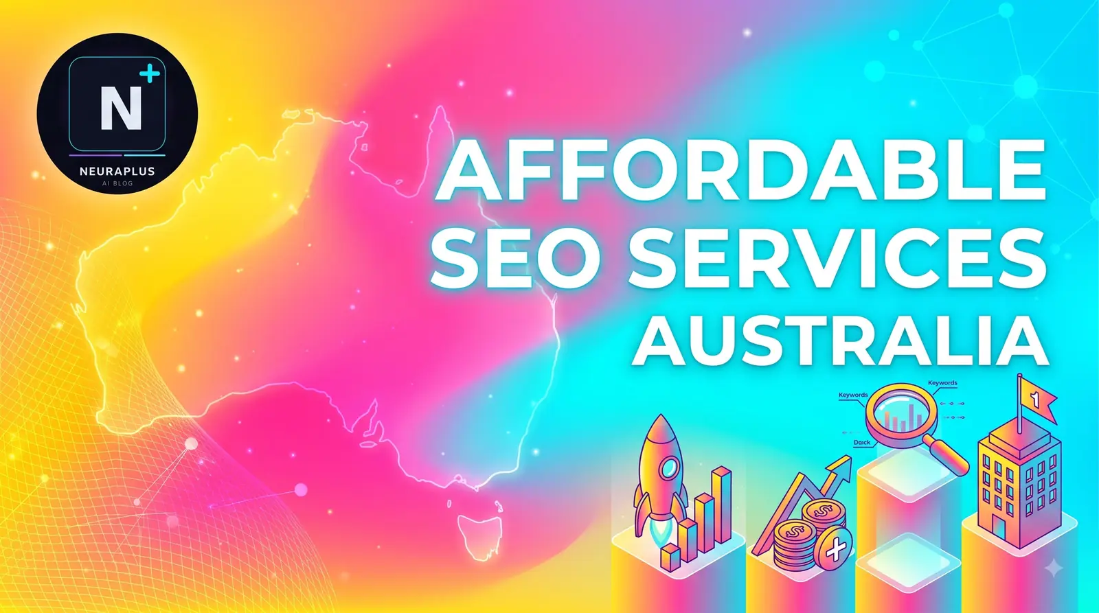 Affordable SEO Services Australia banner with growth charts, rocket icon, and Australia map outline representing local business SEO