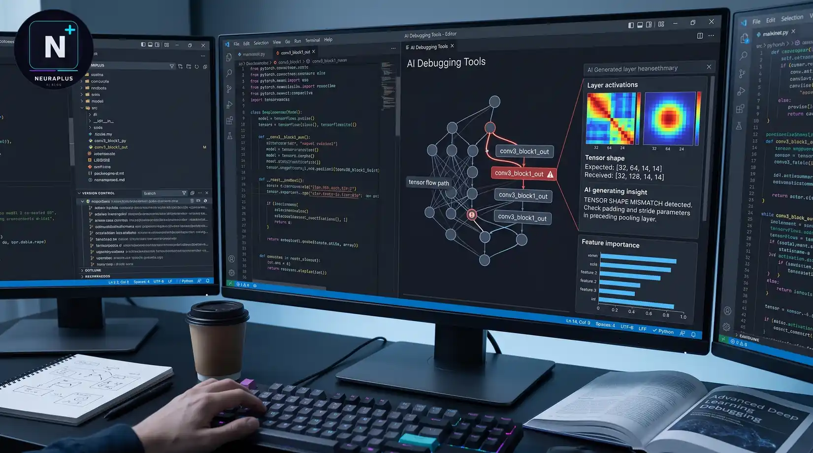 Developer using AI-powered debugging tools on a laptop, showing code editor with an AI chat panel helping trace a bug
