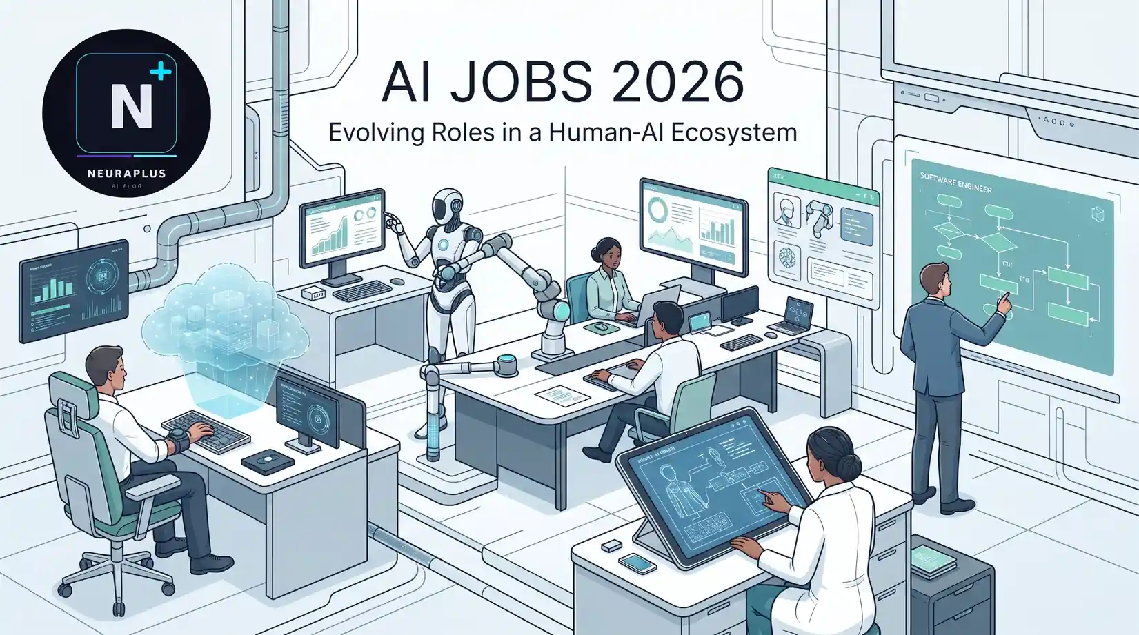 Professional working alongside AI interfaces representing the future of artificial intelligence jobs in 2026