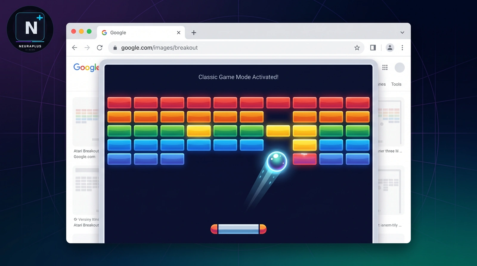 Google Images browser mockup with Atari Breakout blocks activated and a glowing ball breaking through the top rows