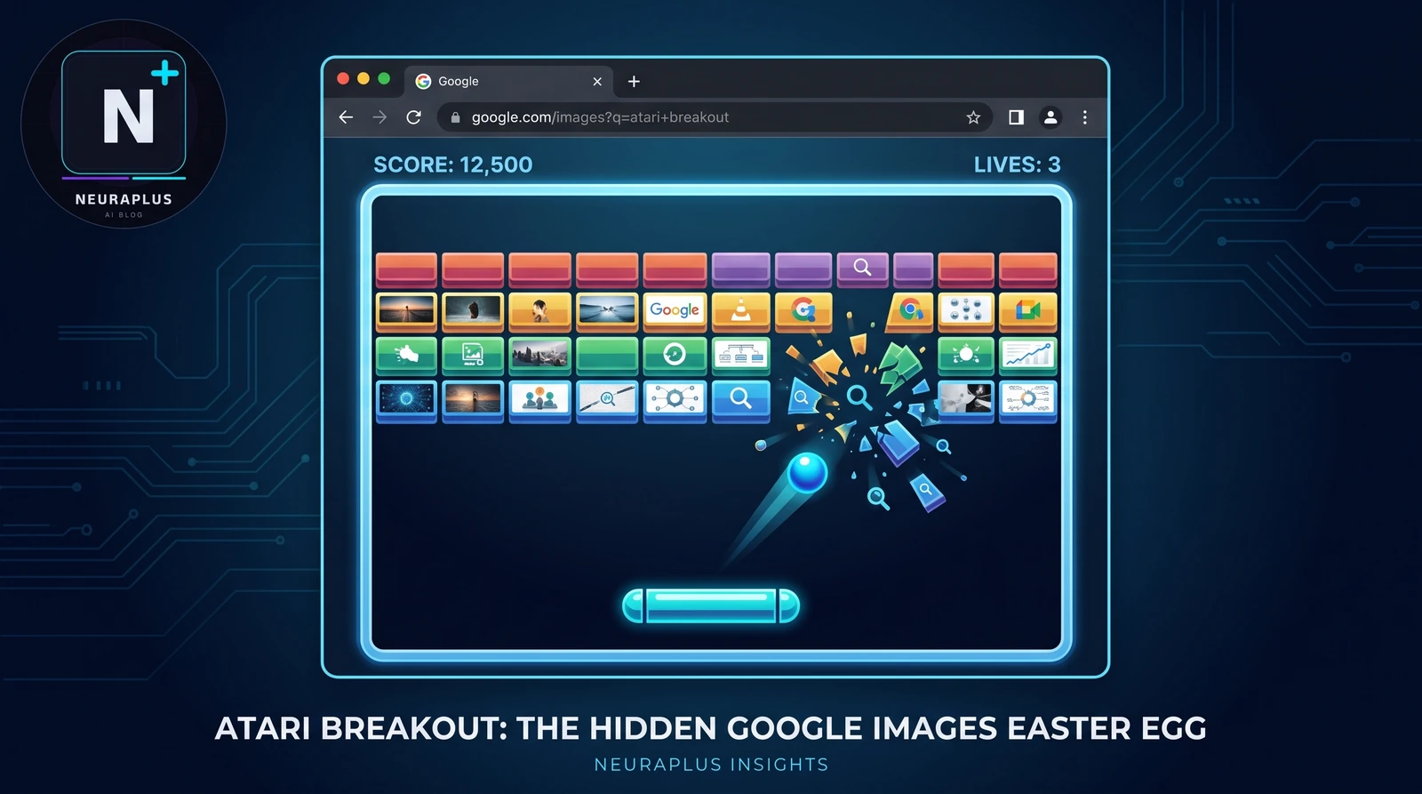 Atari Breakout Google Images Easter egg game showing a score of 12,500, 3 lives, and image thumbnails shattering as blocks
