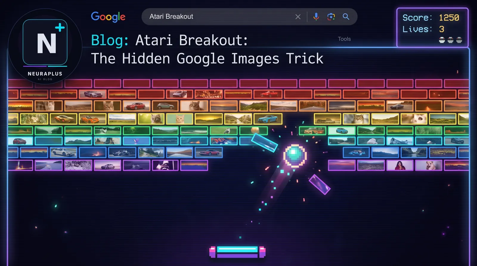 Synthwave-style illustration of the Atari Breakout Google Images trick with a neon ball breaking rows of photo thumbnails