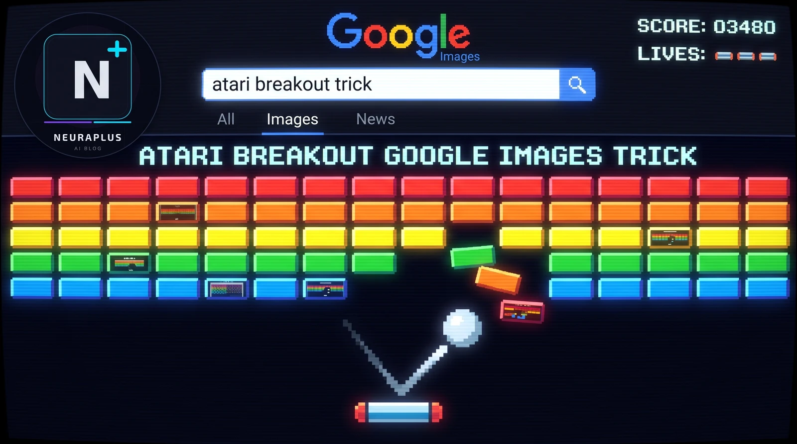 Pixel-art retro screen showing the Atari Breakout Google Images trick search with a paddle and ball breaking colored blocks