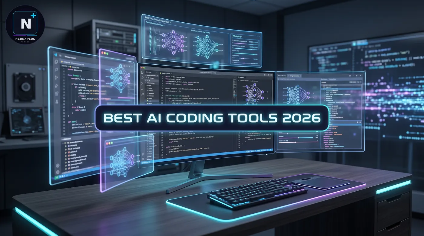 Best AI Coding Tools 2026 comparison showing multiple code editor interfaces with AI assistants including Cursor, GitHub Copilot, Claude Code, Windsurf, and Amazon Q, featuring code suggestions, chat panels, and agentic coding workflows on dark tech background with cyan and purple accents, NeuraPulse logo