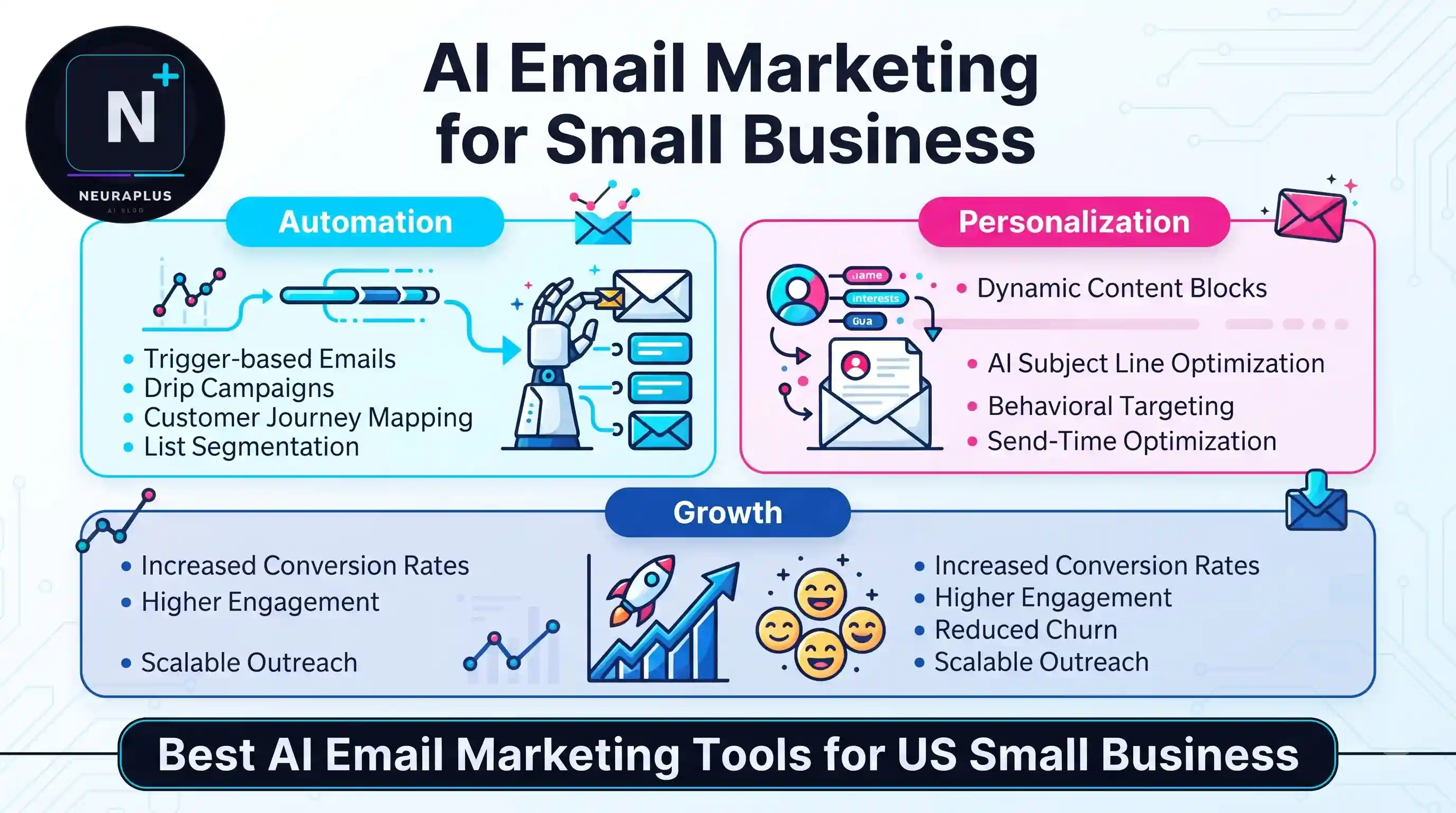 Best AI email marketing tools for US small business showing dashboard of top platforms like Mailchimp and HubSpot with AI automation features