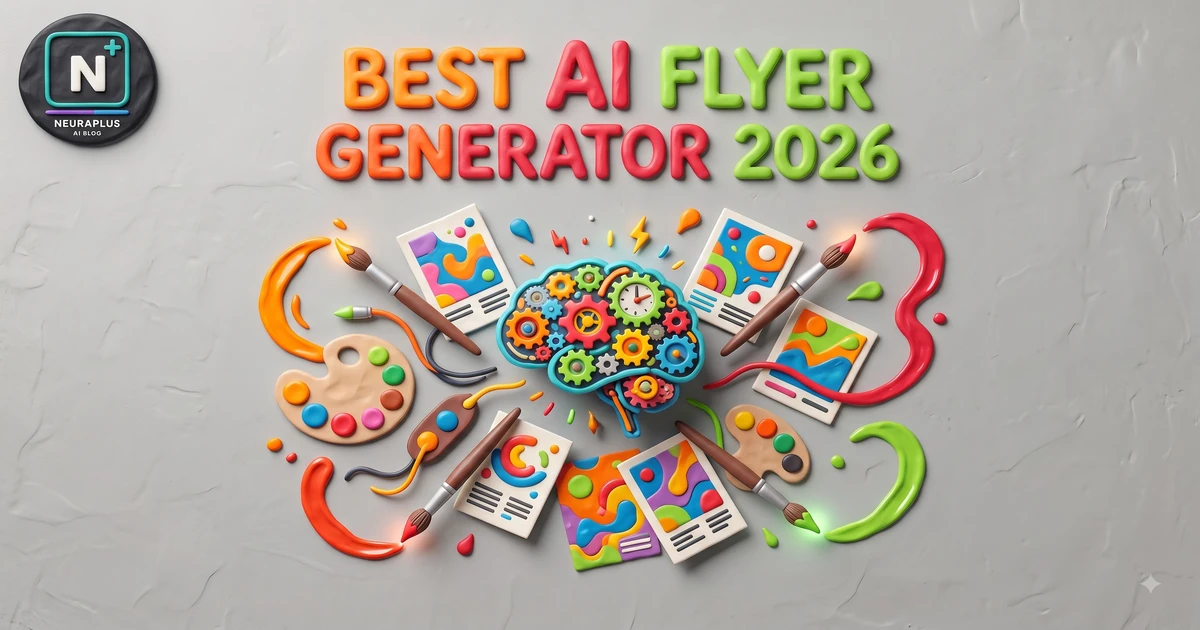 Best AI flyer generator 2026 — colorful AI brain surrounded by flyer designs, paint brushes and palettes