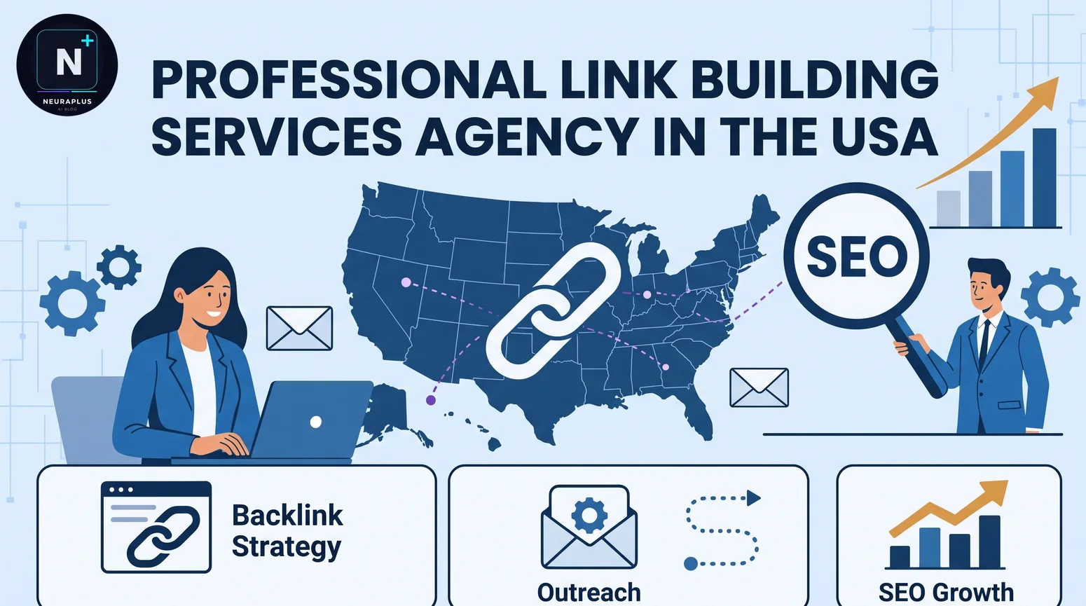 Illustration of a professional link building agency team in the USA conducting outreach and backlink strategy across a US map, with SEO growth charts