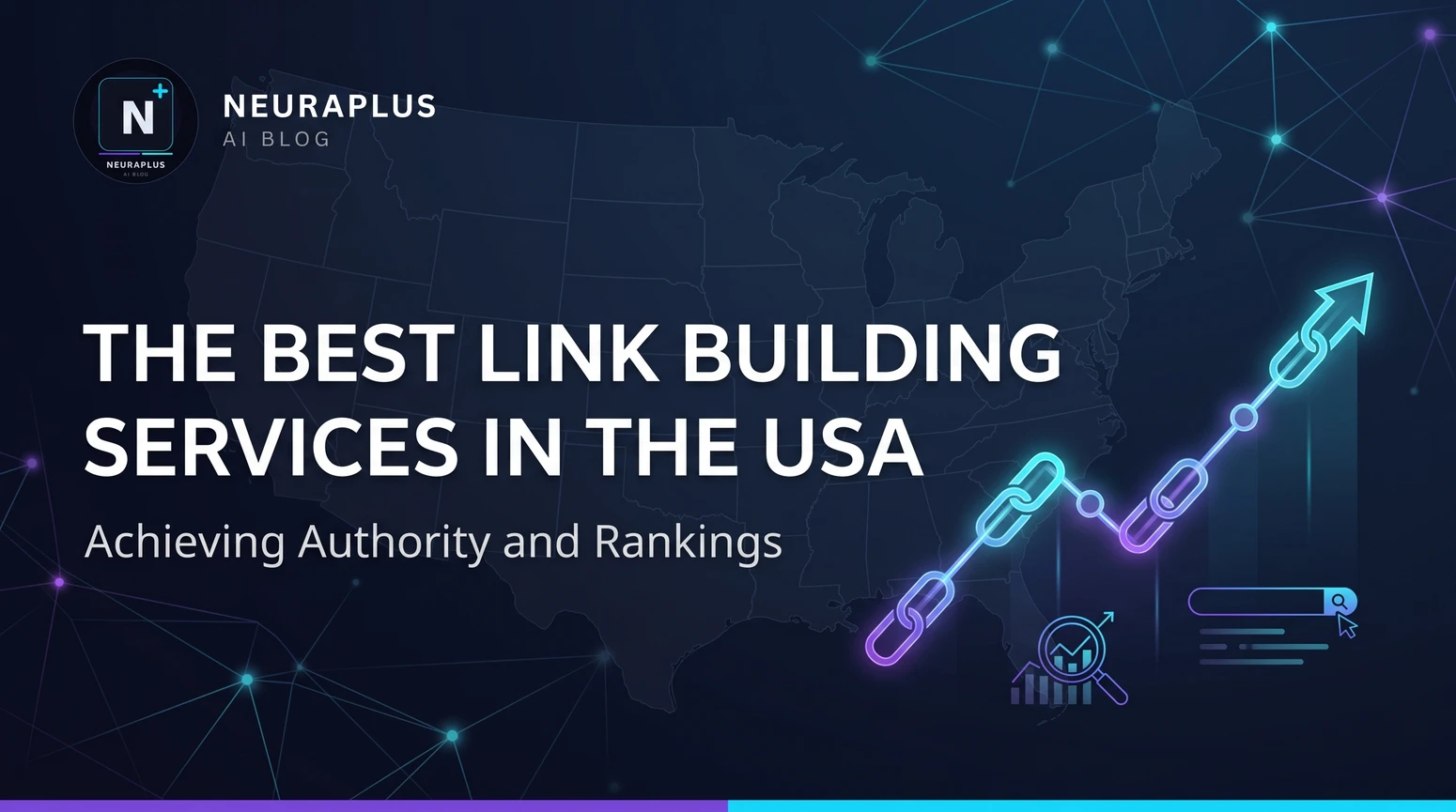 Illustration for a guide on the best link building services in the USA, showing a glowing chain graphic rising alongside an SEO ranking growth arrow over a map of the United States