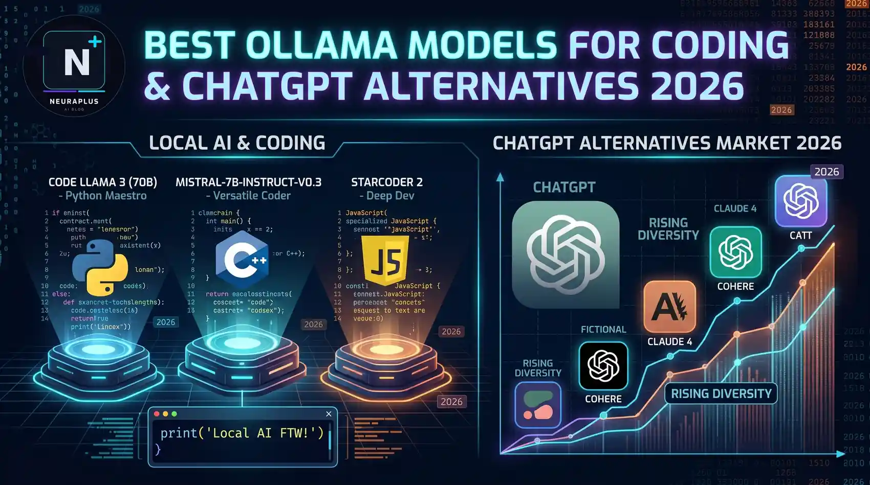 Best Ollama models for coding and ChatGPT alternatives in 2026 — comparing Code Llama 70B, Mistral 7B Instruct, and StarCoder 2 for local AI development