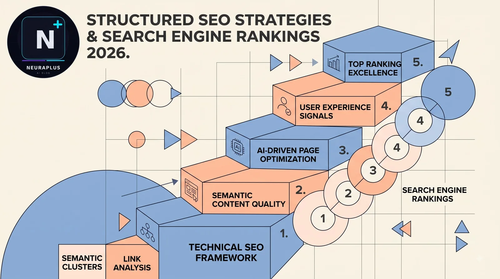 Bauhaus-style stepped block diagram illustrating structured SEO strategies and search engine rankings for 2026, showing five stages: technical SEO framework, semantic content quality, AI-driven page optimization, user experience signals, and top ranking excellence