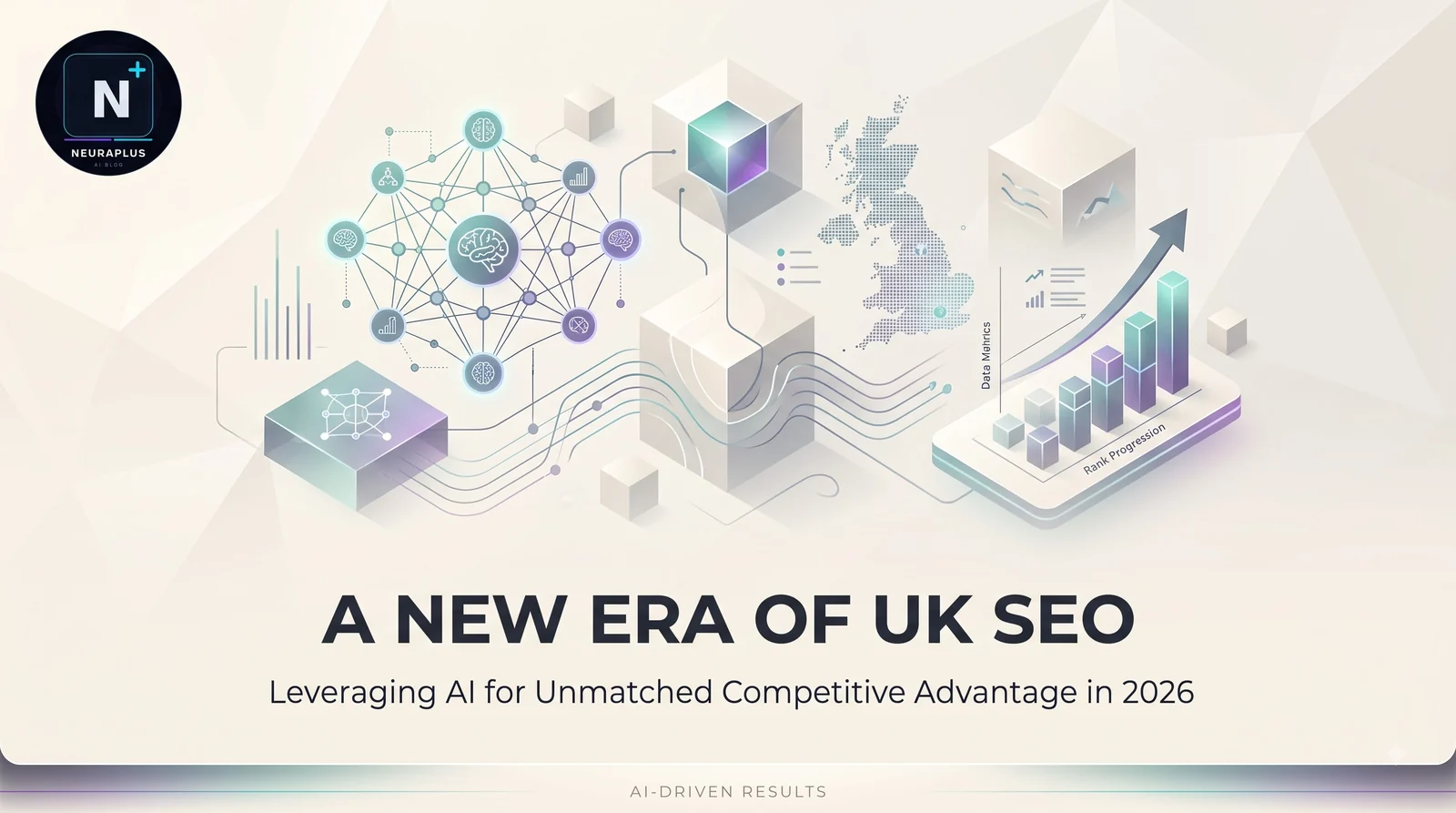 Isometric illustration titled A New Era of UK SEO, showing an AI neural network connected to a dotted map of the United Kingdom and rising rank progression bar charts, representing AI-driven SEO results