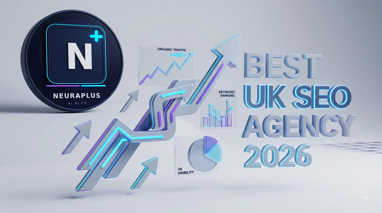3D render banner reading Best UK SEO Agency 2026, featuring the NeuraPulse logo alongside organic traffic growth charts, keyword ranking bars, and a UK visibility pie chart