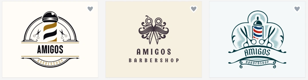 Three AI-generated barbershop logo concepts for Amigos Barbershop made with BrandCrowd