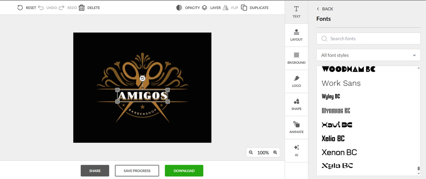 BrandCrowd logo editor font selection panel