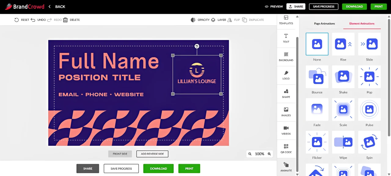 BrandCrowd business card editor interface with animation options