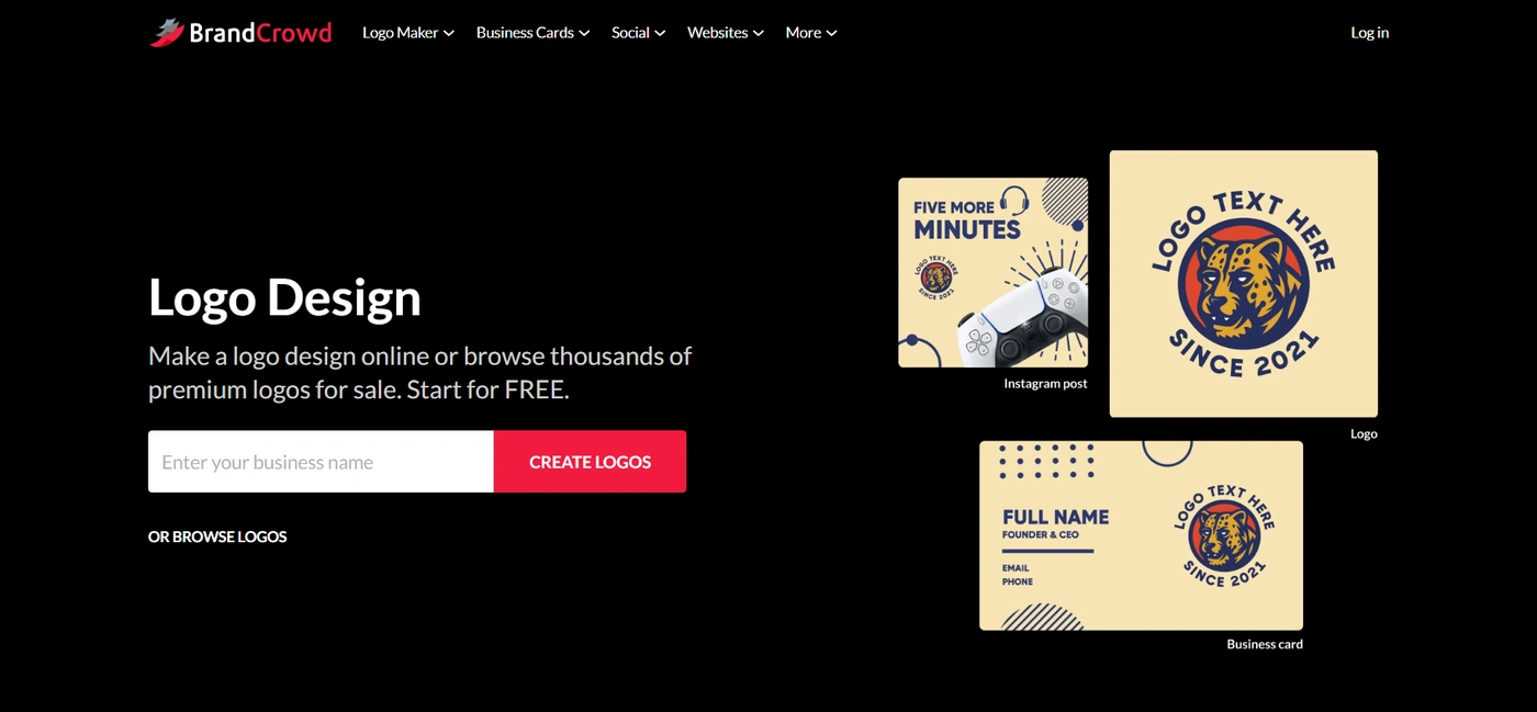 BrandCrowd logo design homepage with business name input