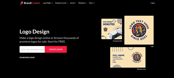BrandCrowd logo design homepage with option to enter a business name and create logos for free
