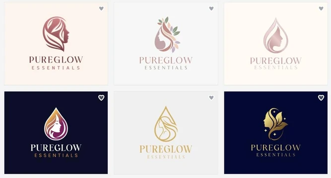 Grid of six PureGlow Essentials logo concepts generated by BrandCrowd