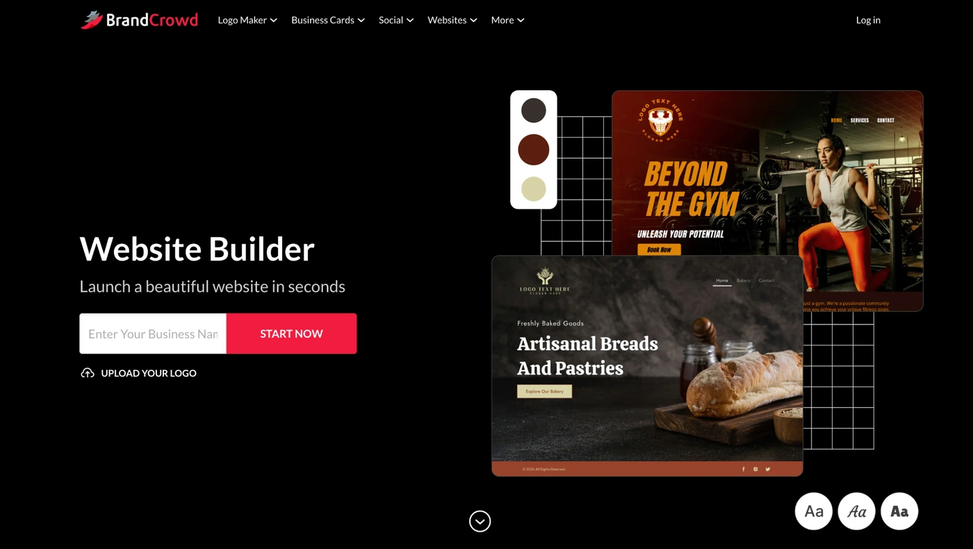 BrandCrowd website builder homepage with template previews