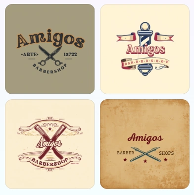 Four AI-generated vintage-style barbershop logo concepts made with Canva