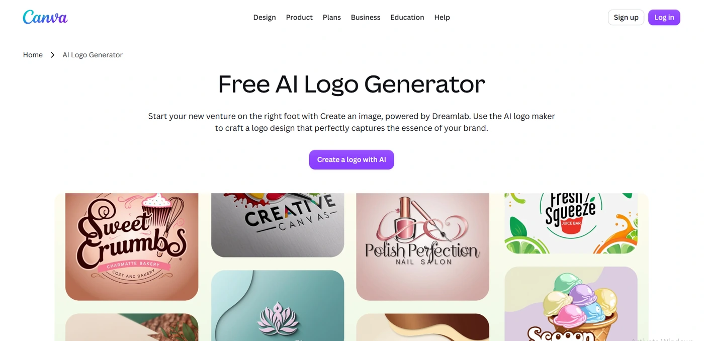 Canva free AI logo generator landing page