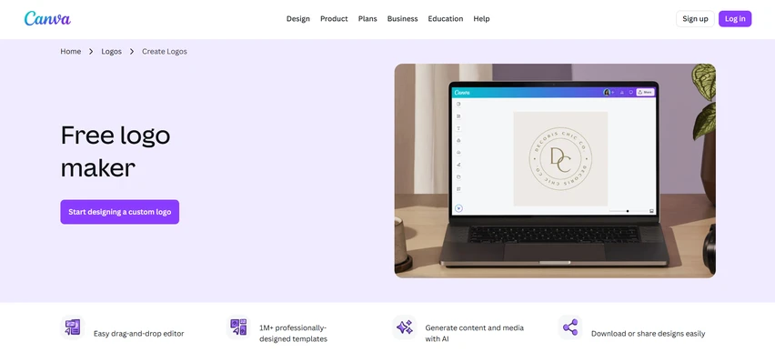 Canva free logo maker homepage with easy drag-and-drop editor