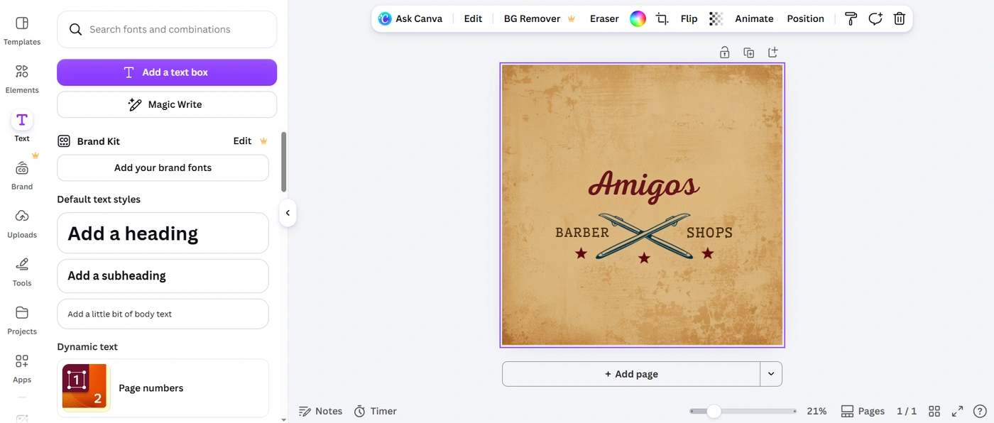 Canva logo editor showing a vintage barbershop logo design