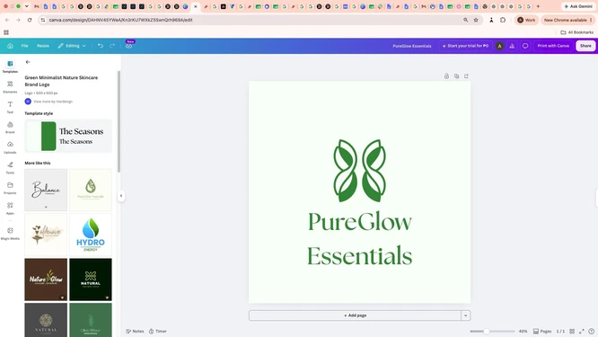 Canva editor showing a green minimalist nature skincare brand logo for PureGlow Essentials