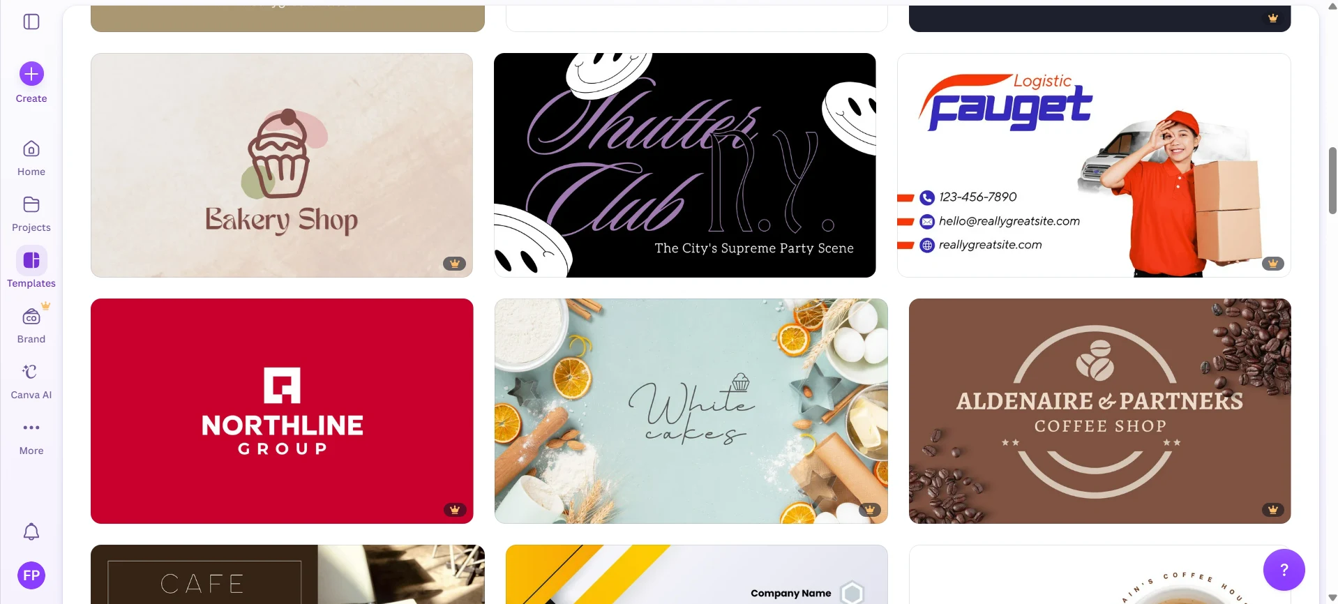 Grid of Canva business card templates covering different industries