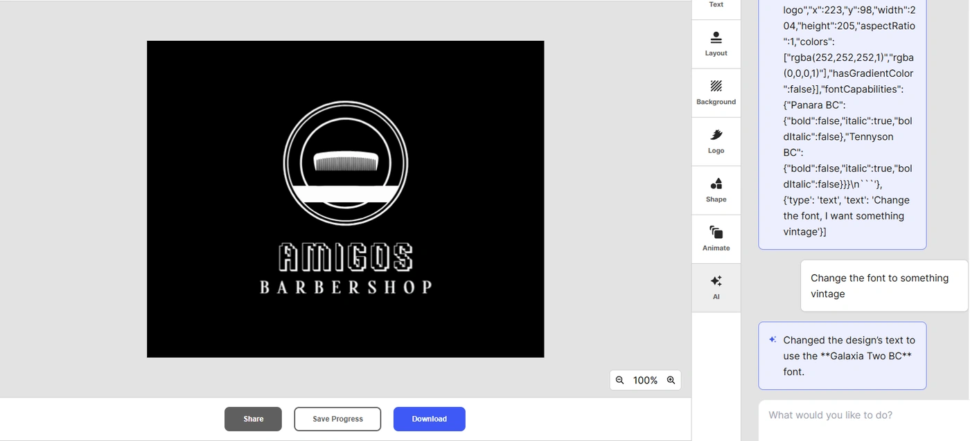 Design.com AI chat changing a barbershop logo's font to a vintage style
