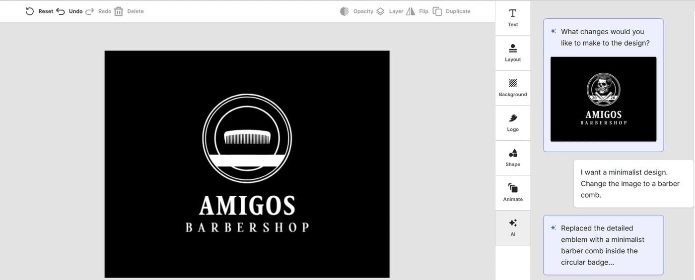 Design.com AI chat replacing a barbershop logo icon with a minimalist barber comb