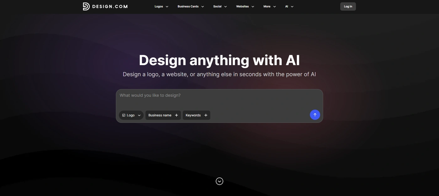 Design.com AI logo maker homepage showing prompt input to design a logo with AI