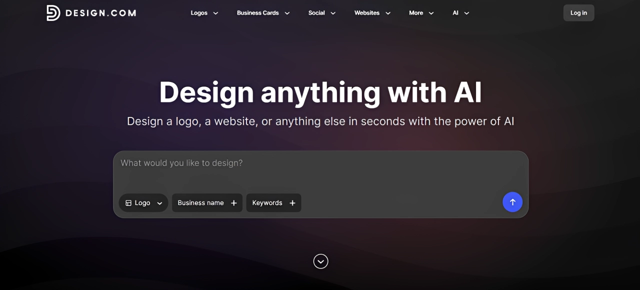 Design.com AI logo maker homepage with prompt to design a logo, website, or anything with AI