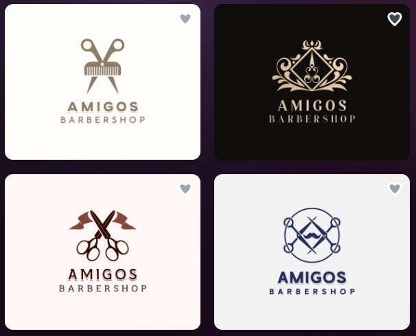 Four AI-generated barbershop logo concepts for Amigos Barbershop made with Design.com