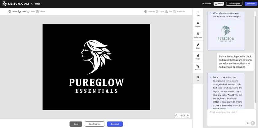 Design.com editor showing an AI chat panel revising the PureGlow Essentials logo to a black and white color scheme
