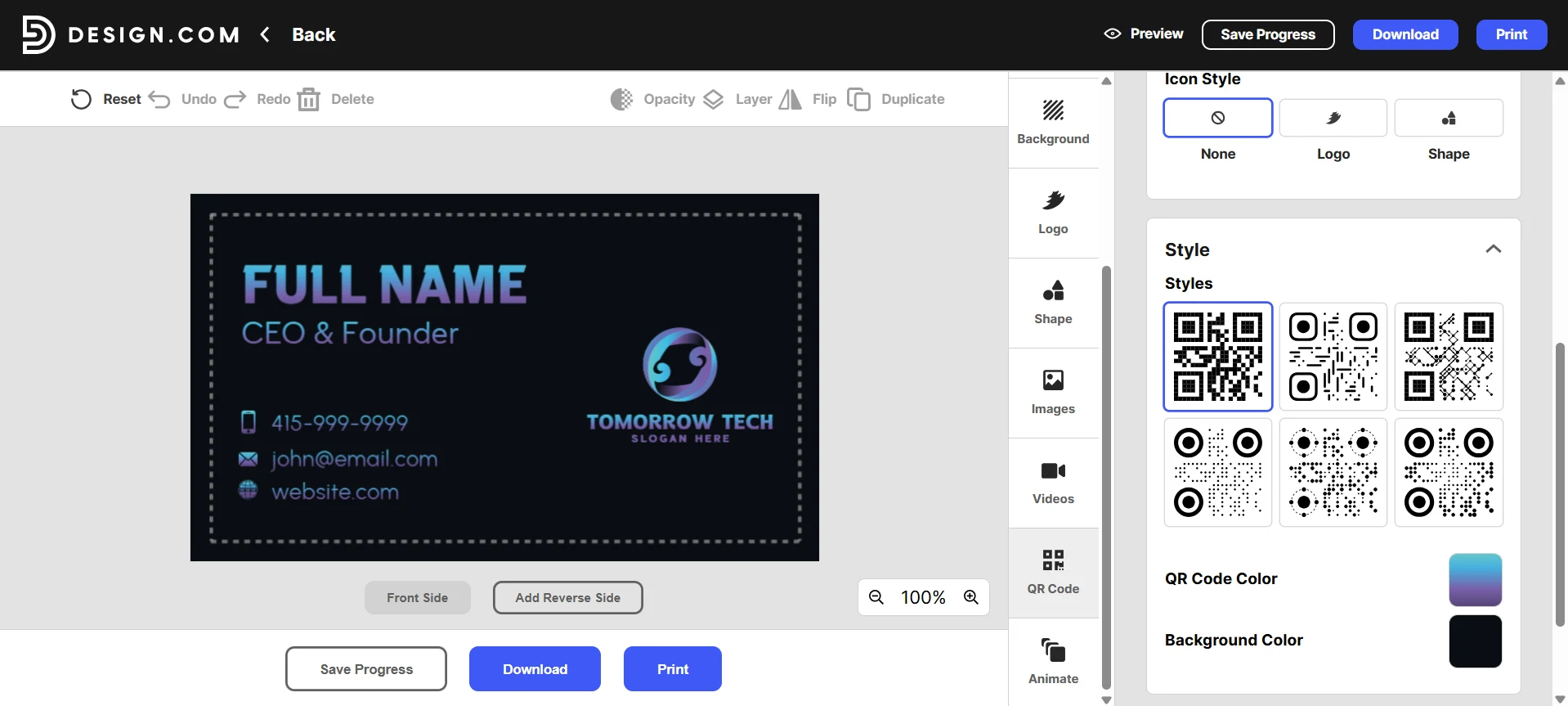 Design.com business card editor interface with QR code styling options