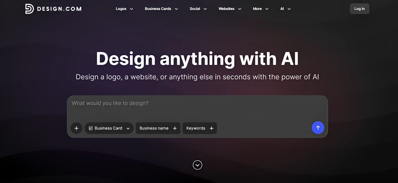 Design.com AI business card maker homepage showing prompt input to generate a business card with AI