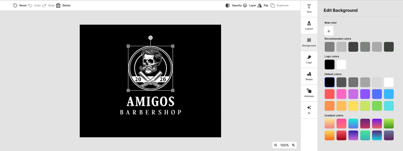 Design.com logo editor showing background color customization panel for a barbershop logo