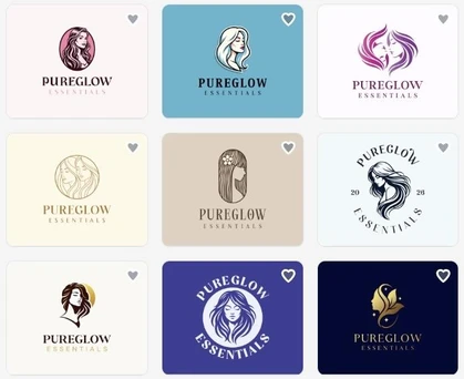 Grid of nine AI-generated PureGlow Essentials logo concepts from Design.com