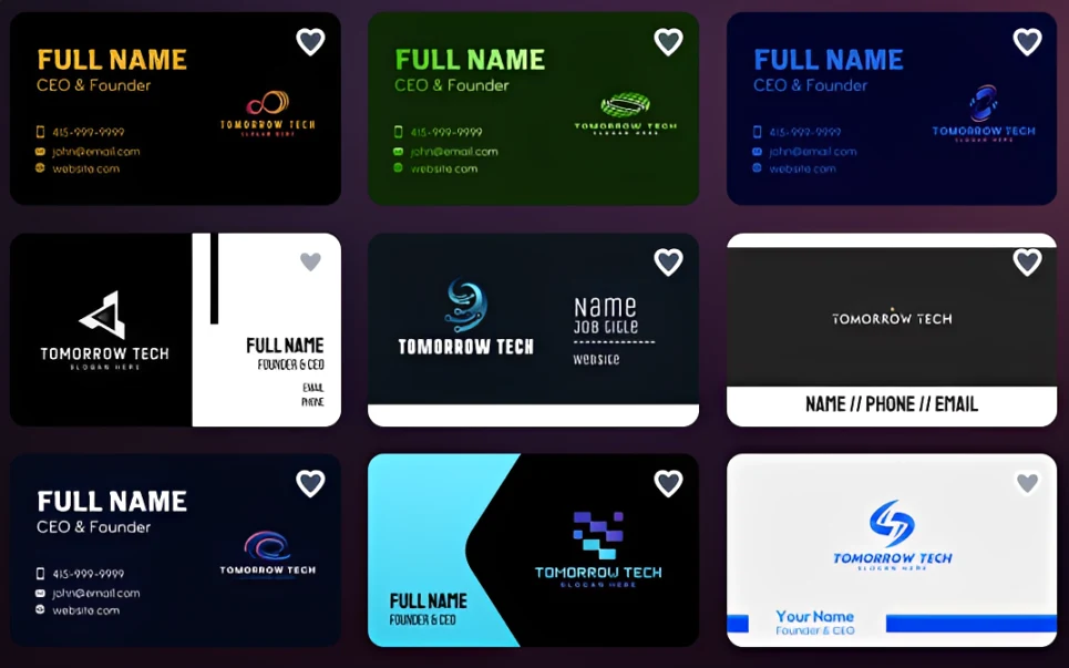 Grid of Design.com business card templates showing varied colors and layouts