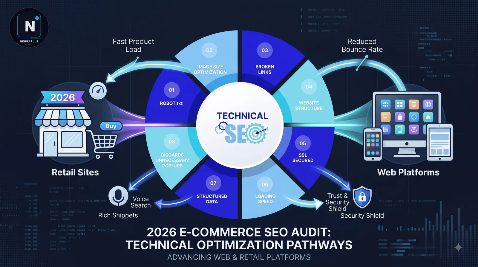 2026 e-commerce SEO technical audit pathway diagram connecting retail sites and web platforms through structured data, loading speed, and security checks