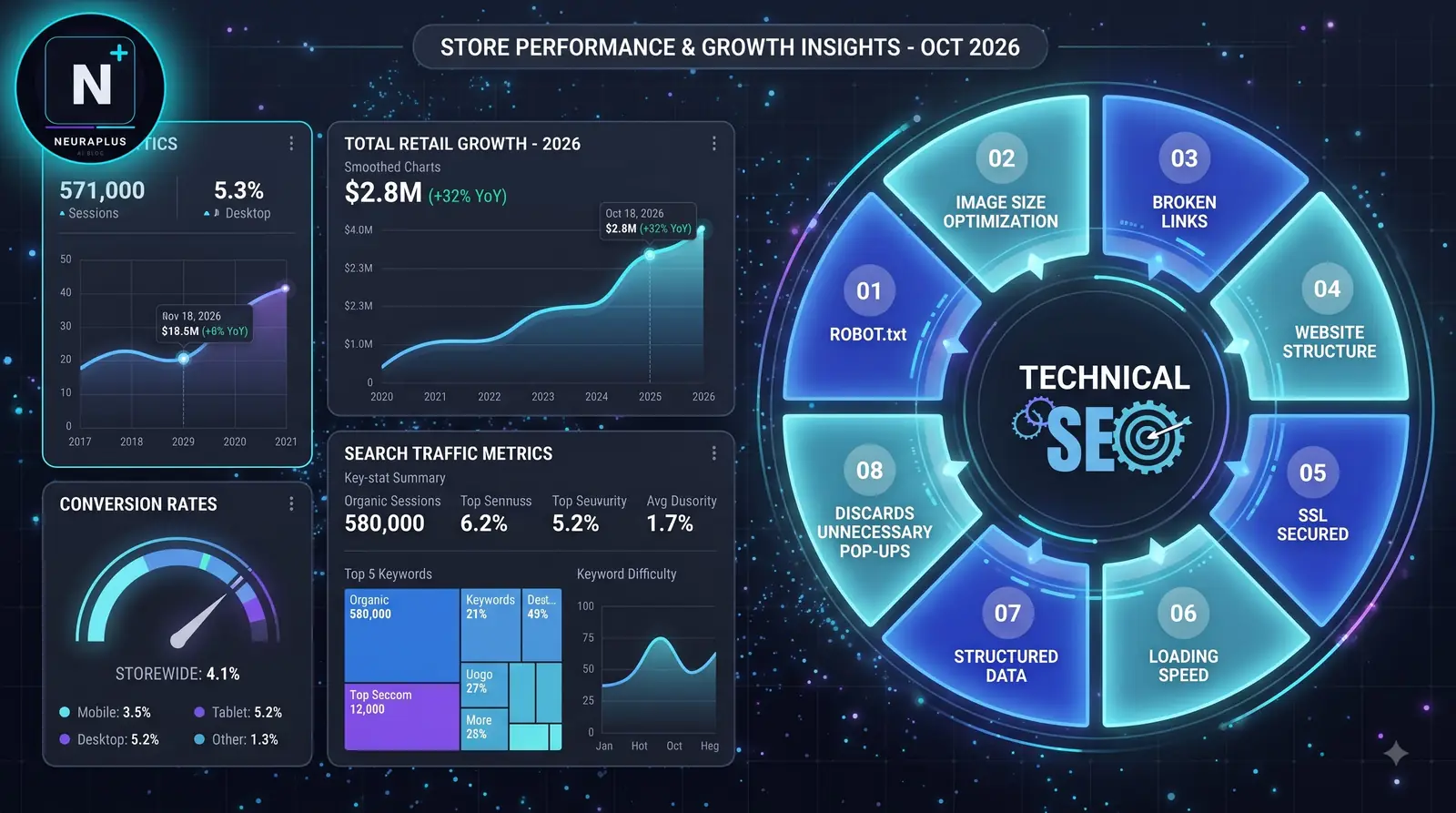 E-commerce SEO agency USA 2026 store performance dashboard showing organic sessions, conversion rates, and technical SEO audit wheel