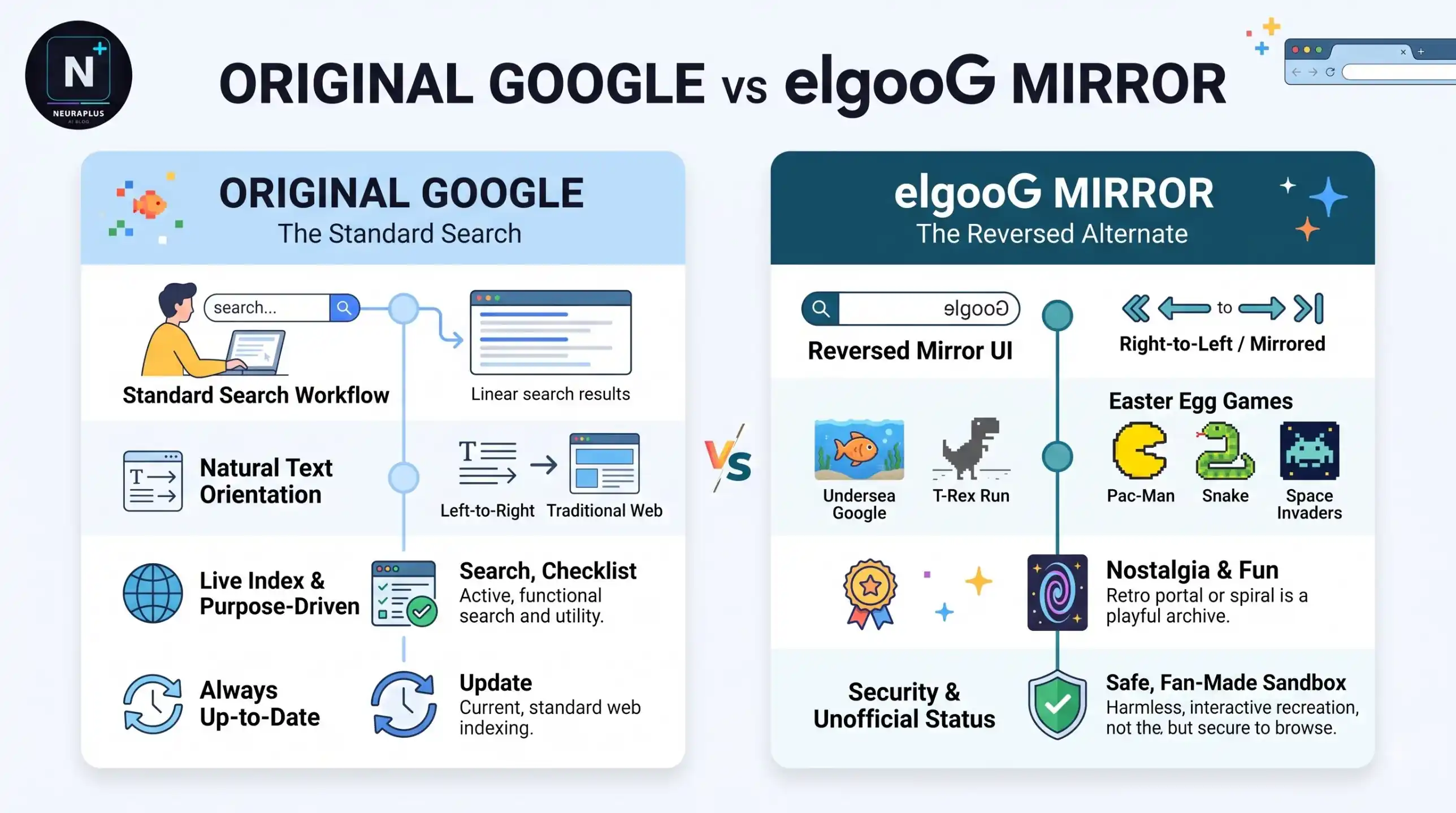 elgooG Google mirror showing the Google homepage flipped horizontally with backwards text