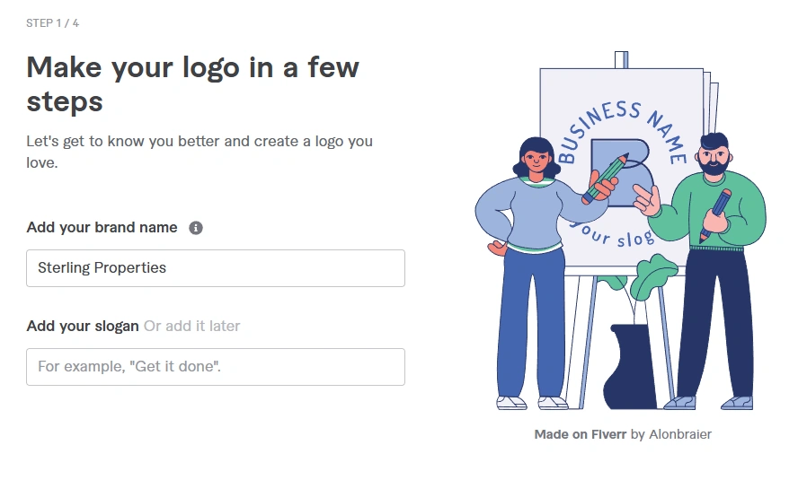 Four designer-created barbershop logo concepts on Fiverr, each credited to a specific designer
