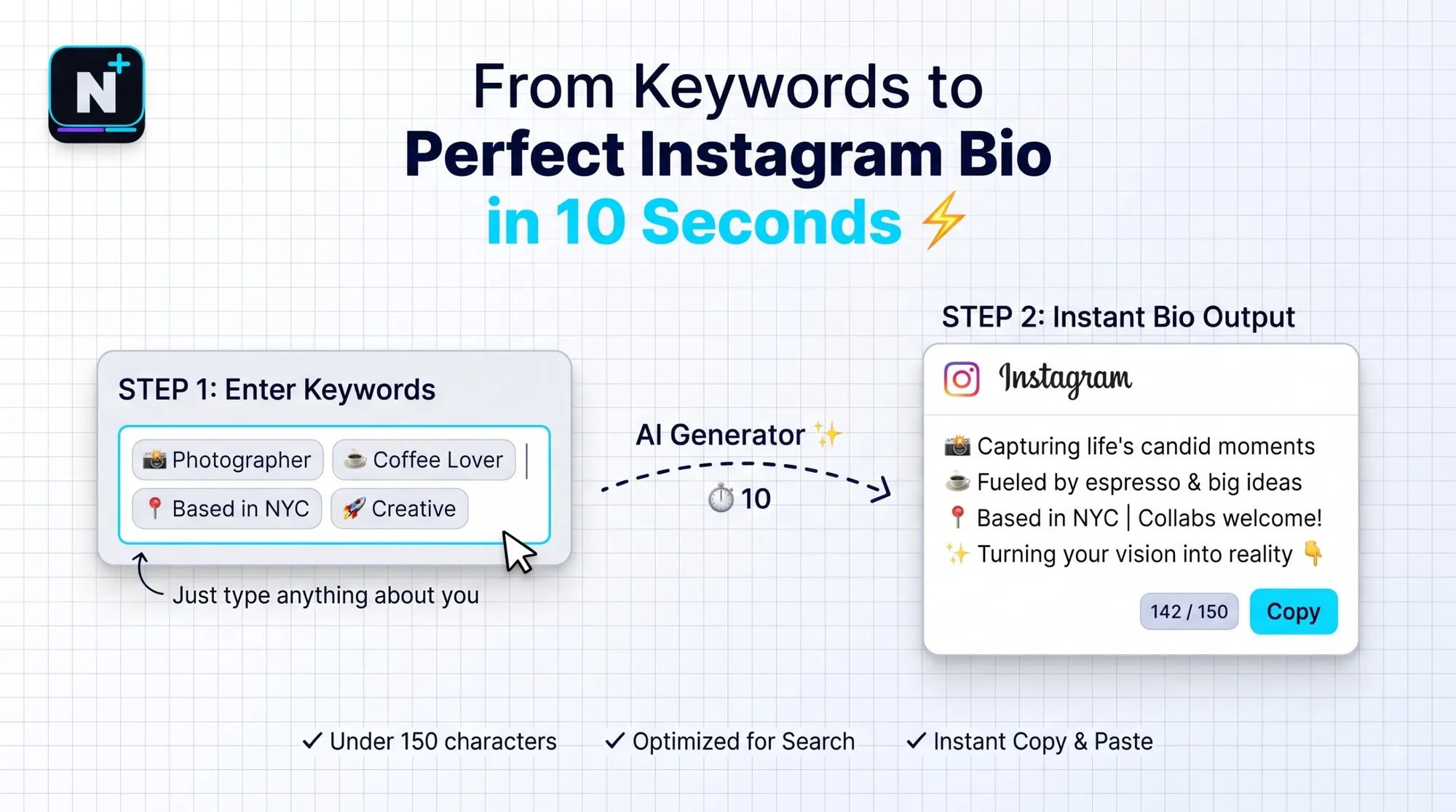 Free AI bio generator for Instagram showing three bio options with a character counter