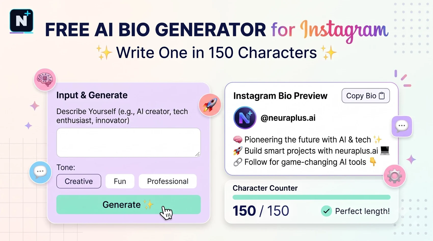 Free AI bio generator for Instagram showing three bio options with a character counter