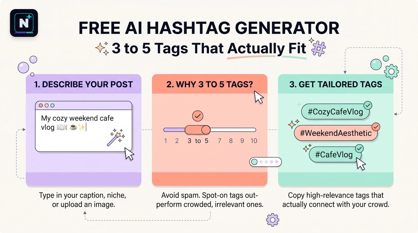 Free AI hashtag generator showing a set of five Instagram hashtags labeled broad, niche and community