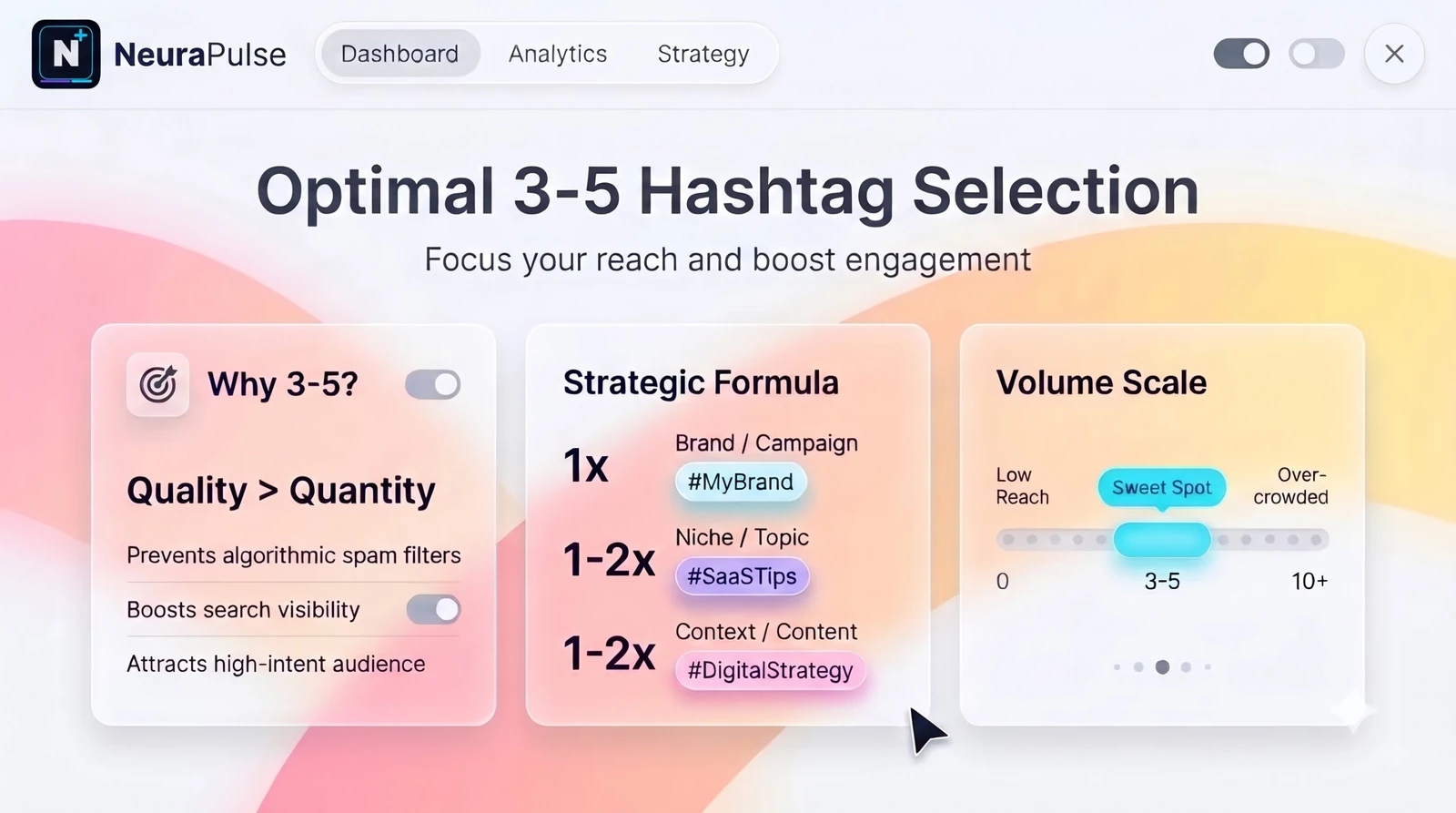 Free AI hashtag generator showing a set of five Instagram hashtags labeled broad, niche and community
